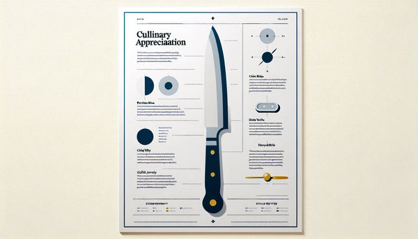 Minimalistisches Küchenmesser in Persian Blue mit kleinem gelben Akzent auf hellem Ghost White Hintergrund und schwarzer Überschrift Kulinarische Wertschätzung