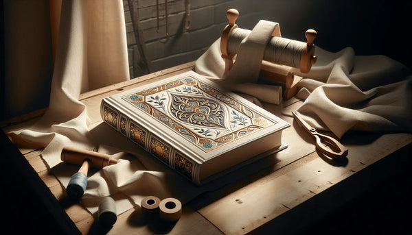 Klassisches Buch mit kunstvollem Einband auf Werkstatttisch, stilvoll und warm im Steelmonks-Look inszeniert.