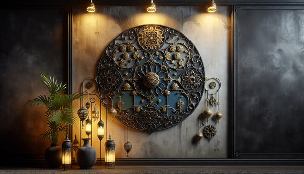 Kunstvoll gestaltete Wand mit minimalistischen Metall-Dekorationen in Deep Black, akzentuiert durch warmes Hunyadi Gelb Licht und persisches Blau Details, in einem ruhigen, einladenden Raum mit authentischen Texturen von Metall und Holz.