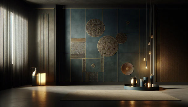 Elegante Akzentwand in dunklem Petrolton mit minimalistischen geometrischen Mustern in Steelmonks-Farben, warm und einladend gestaltet.