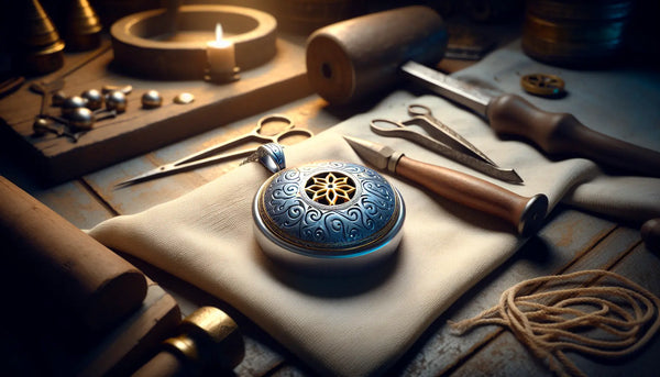 Kunstvoller metallener Zunftanhänger in traditioneller Handwerkstatt, umgeben von hochwertigen Werkzeugen, warm und freundlich beleuchtet im Steelmonks-Stil.