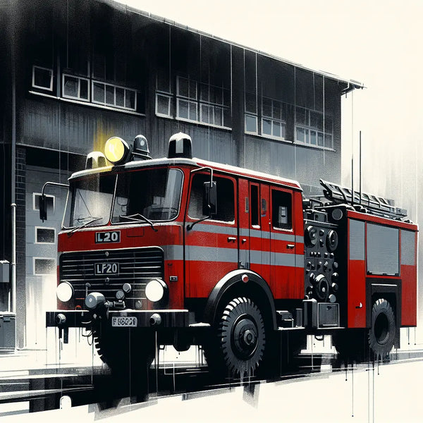 Skizzenhafte Darstellung eines Löschgruppenfahrzeugs LF20 vor Feuerwache in ruhiger Atmosphäre