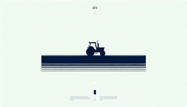 Stilisierte silhouette eines traktors in leerem feld mit linienfeldern im hintergrund auf hellen hintergrund mit text zu landwirtschaft im morgengrauen