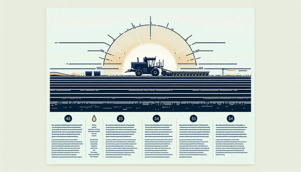 Minimalistische Vektorgrafik einer modernen Landmaschine in Persian Blue mit gelbem Akzent vor hellem Ghost White Hintergrund, dargestellt als horizontale Infografik Landwirtschaft modern mit kurzem Stichpunkt Technik für die Zukunft