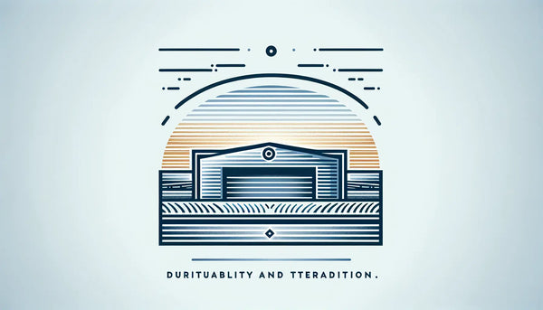 Minimalistisches horizontales Bild eines stilisierten Garagenschilds aus Edelstahl im Steelmonks-Stil in Persian Blue mit gelbem Akzent auf ruhigem weißem Hintergrund symbolisiert landwirtschaftlichen Stolz