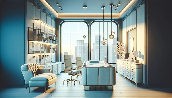 Luxuriöses Chefarztbüro mit modernen medizinischen Geräten, großem Fenster und Stadtaussicht in Steelmonks Farben, elegante und warme Atmosphäre.