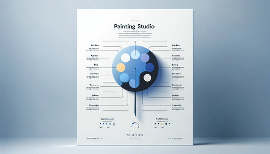 Farbpalette als minimalistische Vektorgrafik in blauer linienfarbe mit gelbem akzentpunkt auf hellweissem hintergrund mit text zu maleratelier basics