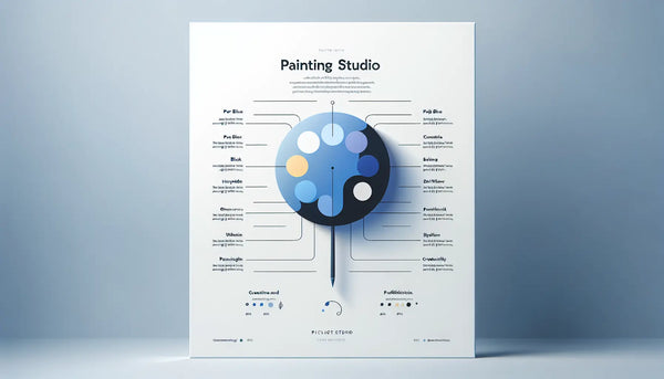 Farbpalette als minimalistische Vektorgrafik in blauer linienfarbe mit gelbem akzentpunkt auf hellweissem hintergrund mit text zu maleratelier basics