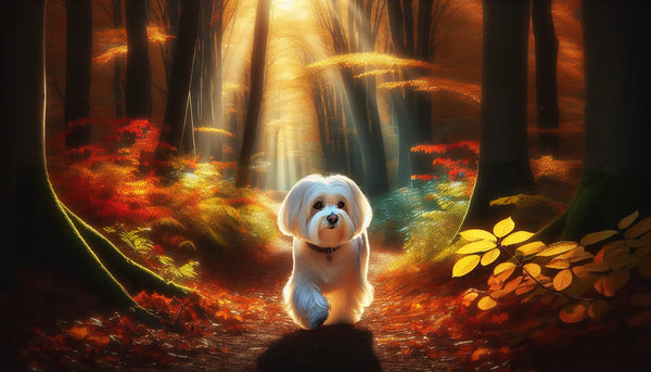 Malteser Spaziergang im herbstlichen Wald mit buntem Laub und warmem Sonnenlicht im Steelmonks-Stil.
