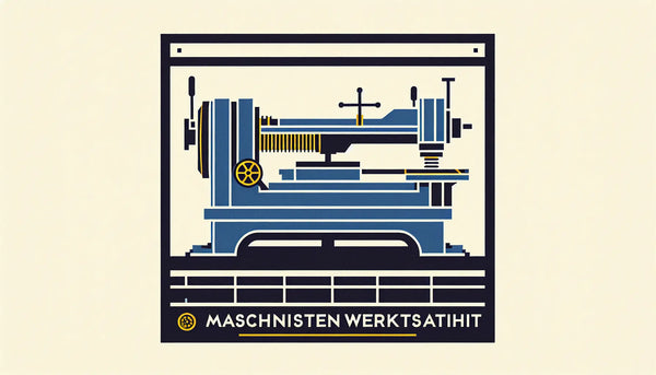 einzelne stilisierte maschine als klare vektorgrafik auf hellem hintergrund mit text maschinisten werkstatt und maschinen im betrieb