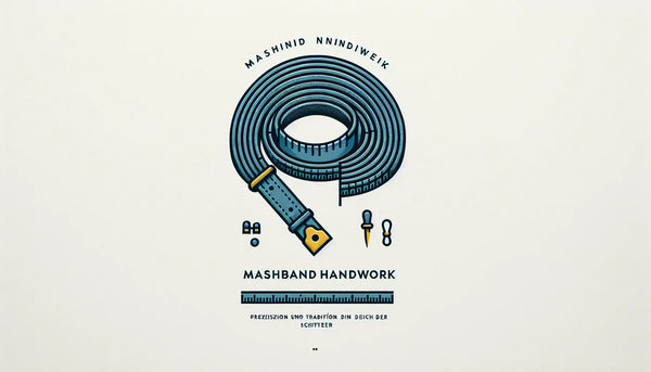 Minimalistische Vektorgrafik eines geometrisch klaren Ledermaßbands in Persian Blue mit gelbem Akzent auf weißem ruhigem Hintergrund mit Text Maßband Handwerk Präzision und Tradition in der Schneiderei