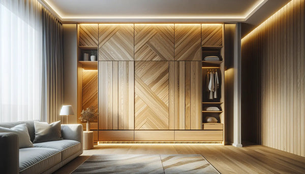 Moderner Einbauschrank aus hochwertigem Eichenholz, maßgeschneidert für Dachschrägen, in warm beleuchtetem Wohnzimmer mit minimalistischer Gestaltung.