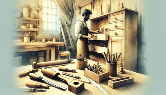 Detailreiche Nahaufnahme der Herstellung eines maßgefertigten Schrankes mit Holz, Werkzeugen und ruhiger, konzentrierter Atmosphäre