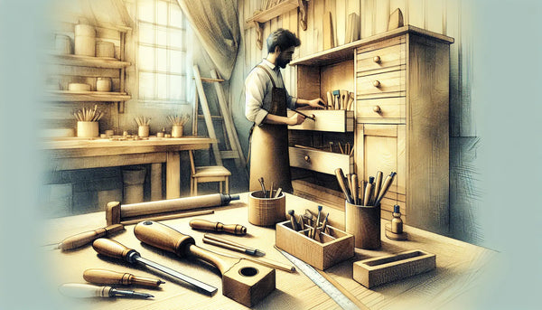Detailreiche Nahaufnahme der Herstellung eines maßgefertigten Schrankes mit Holz, Werkzeugen und ruhiger, konzentrierter Atmosphäre