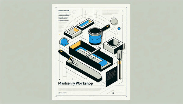 Minimalistische Vektorgrafik einer Maurerwerkstatt mit Kelle Ziegel und Mörtel in Persian Blue auf hellem Ghost White Hintergrund mit sauberem Text darunter.