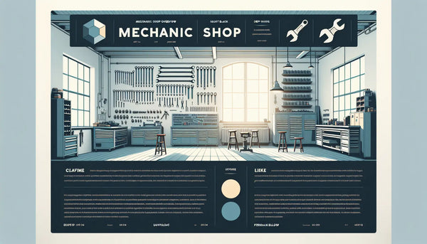 Illustration einer sauberen Mechanikerwerkstatt mit klassischen Werkzeugen an der Wand, Tageslicht von Fenstern, klarer Infotext rechts, heller Ghost White Hintergrund.