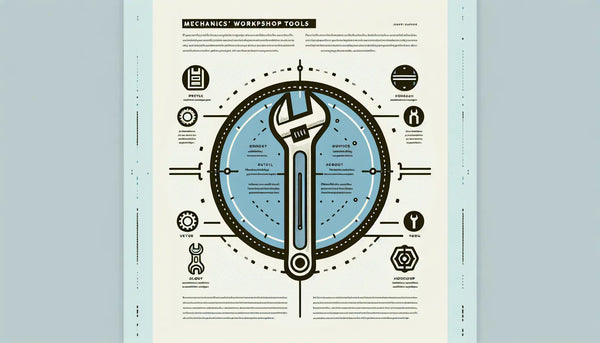 Minimalistische Vektorgrafik eines stilisierten Schraubenschlüssels in Persian Blue mit gelbem Akzentpunkt auf weißem Hintergrund symbolisiert moderne Werkzeuge in mechanischer Werkstatt.