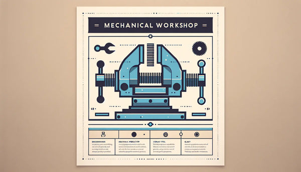Minimalistische Vektorgrafik eines Schraubstocks in Persian Blue mit gelbem Akzentpunkt symbolisiert mechanische Werkstatt auf weißem Hintergrund