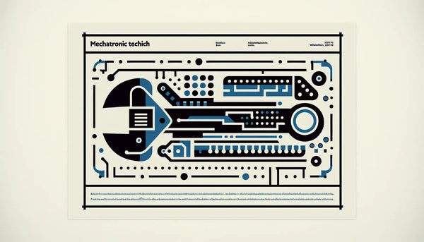 Minimalist vector graphic of a combined wrench and circuit board symbol representing mechatronic technician tools on a calm white background with clean text about mechatronic technology.