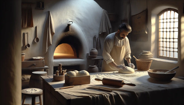 Meisterbäcker formt Teig in traditioneller Bäckerei, warmes Licht, Steelmonks-Farben, gemütliche Atmosphäre