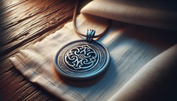 Stilvoller Metall-Zunftanhänger als Symbol für Tradition und Handwerk in ruhiger, eleganter Atmosphäre mit Steelmonks-Farbschema.
