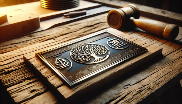 Metallschild mit Baum des Lebens und Zunftzeichen, sauber graviert auf rustikaler Werkbank, warm und einladend beleuchtet, in einer freundlichen Werkstattumgebung