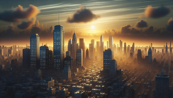 Dichte Metropole Skyline bei Sonnenuntergang mit warmem städtischem Licht und Steelmonks Farben in ruhiger, eleganter Atmosphäre.