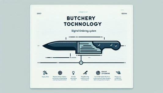 stilisiertes messer als einfache vektorgrafik auf weissem hintergrund mit text zu metzgerei technik und digitalem bestellsystem