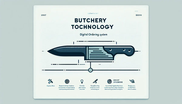 stilisiertes messer als einfache vektorgrafik auf weissem hintergrund mit text zu metzgerei technik und digitalem bestellsystem