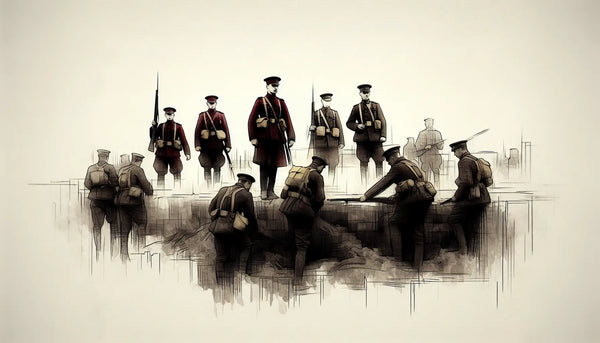 Sketched military scene with soldiers focused on tasks no saluting on white background
