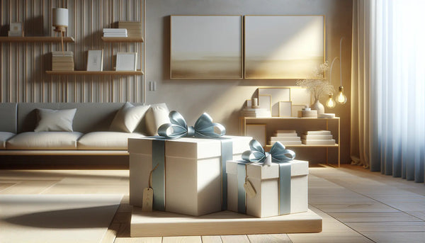 Modernes Wohnzimmer mit minimalistisch leerer Wand, eleganten Geschenkboxen in Steelmonks Farben und warmer Atmosphäre für kreative Wandgestaltung.