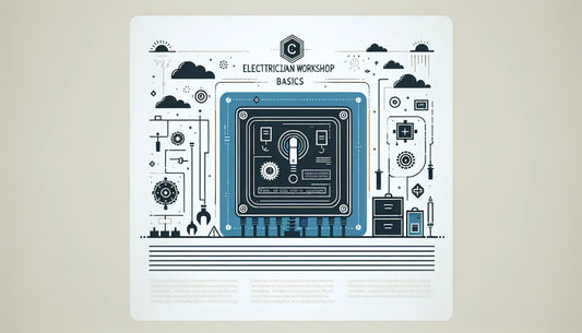 Minimalistisches Symbol eines Schaltkastens in Persian Blue mit gelbem Akzentpunkt auf ruhigem weißem Hintergrund, text Elektrikerwerkstatt Basics, sauber organisiert.