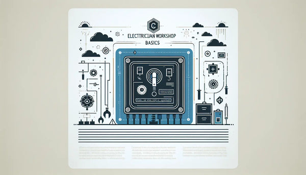 Minimalistisches Symbol eines Schaltkastens in Persian Blue mit gelbem Akzentpunkt auf ruhigem weißem Hintergrund, text Elektrikerwerkstatt Basics, sauber organisiert.