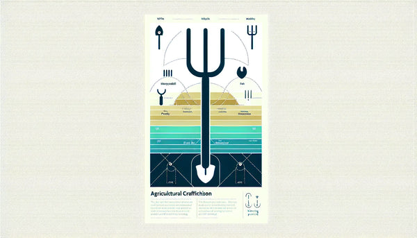 Minimalistische Vektorgrafik eines stilisierten landwirtschaftlichen Werkzeugs in Persian Blue auf weißem Hintergrund mit gelbem Akzentpunkt, Text Landwirtschaftliches Handwerk, Stichpunkt Übung und Tradition verbinden
