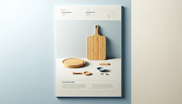 stilisiertes bambus schneidebrett und holz topfuntersetzer als minimale vektorgrafik auf hellem hintergrund mit text zu minimalistischer kuche