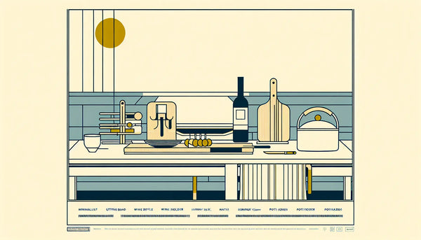 Kuechentisch mit Bambus Schneidebrett Weinflaschenhalter und Topfuntersetzer als klare Vektorgrafik auf hellem Hintergrund mit Text zu minimalistische Kuechenausstattung