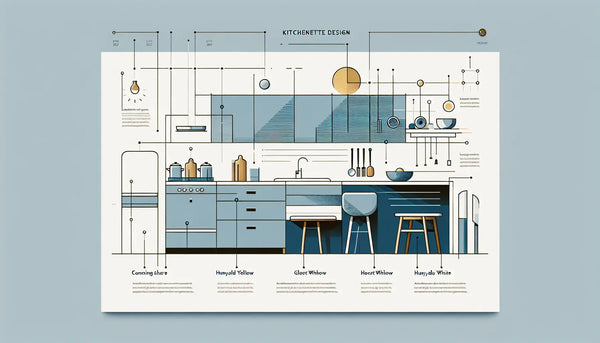 Minimalistische horizontale Grafik einer stilisierten Küchenzeile mit Holz- und Edelstahlutensilien in Persian Blue und Hunyadi Yellow Akzent auf weißem Ghost White Hintergrund.