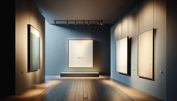 Minimalistische Kunstgalerie mit sanft beleuchteten Bildtafeln, Künstlernamen in blau auf weiß, warme Atmosphäre, stilvoll und elegant im Steelmonks-Look.