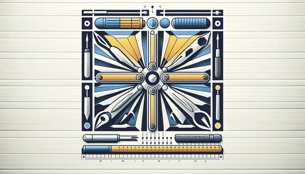 Minimalistische Vektorgrafik eines stilisierten Multifunktionswerkzeugs in Persian Blue mit einem kleinen gelben Akzentpunkt auf weißem Hintergrund