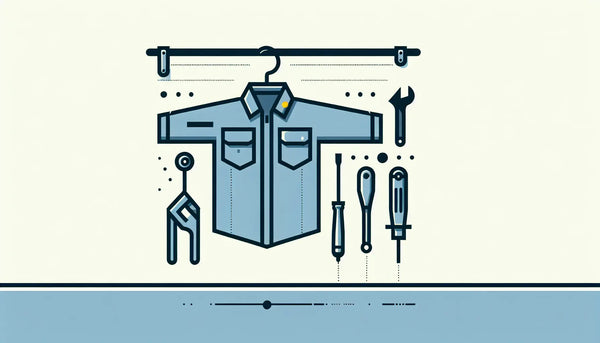 Minimalistische Grafik einer Werkstatt mit einem geometrisch klaren Haken in Persian Blue an dem einfache Werkzeuge und Arbeitsbekleidung hängen vor hellem Ghost White Hintergrund ohne Text oder Details.