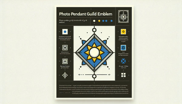 Minimalistischer stilisierter Fotoanhänger mit Zunftzeichen in Persian Blue auf weißem Hintergrund mit Text Fotoanhänger Zunftzeichen und Stichpunkt Symbol für Tradition und Handwerk