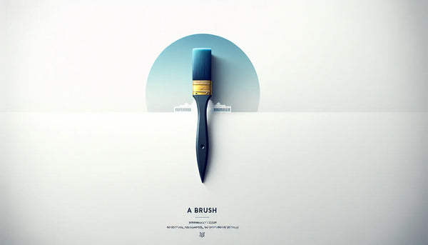 ein einzelner pinsel als klare vektorgrafik in persian blue mit gelbem akzentpunkt auf hellem hintergrund mit text zu kreativitaet und kuenstlerbedarf