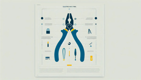 Minimalistische Vektorgrafik einer stilisierten Elektrozange in Persian Blue mit gelbem Akzentpunkt leuchten auf ruhigem Ghost White Hintergrund. Schlagwort Elektriker Werkzeug mit kurzem Stichpunkt unten.
