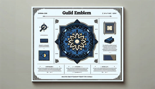 Minimalistisches Zunftanhänger Symbol in Persian Blue auf weißem Hintergrund mit kleinem gelben Akzentpunkt, serifenlosem schwarzen Text darunter