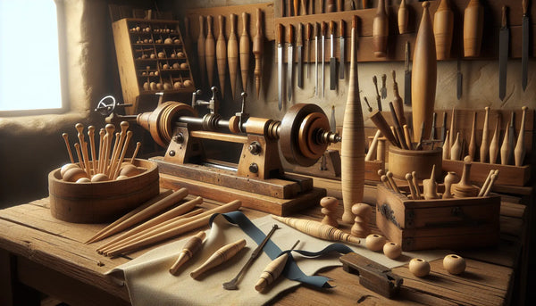 Mittelalterliche Drechselwerkstatt mit traditioneller Drehbank, Holzwerkzeugen und warmem Licht in Steelmonks-Farben für Wertschätzung und Handwerk.