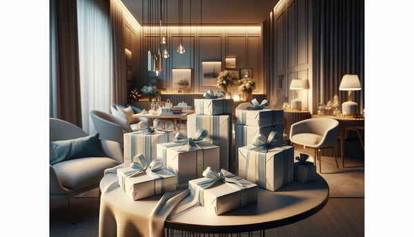 Modern eingerichteter Raum mit stilvollem Interieur, stilvolle Geschenkboxen in Ghost White mit blauen Bändern in warmer Atmosphäre.