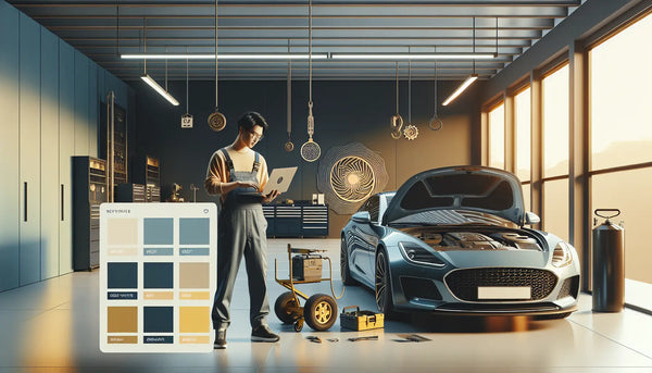 Moderner Werkstattarbeiter liest Fehlercodes mit Laptop an Auto in stilvoller, ruhiger Autowerkstatt im Steelmonks-Farbschema.