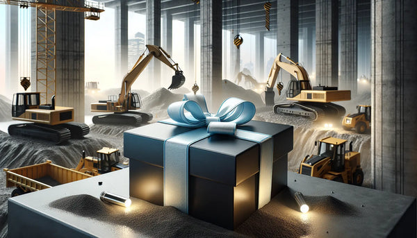 Realistisches Bild einer Baustelle mit schwerem Gerät und eleganten, blauen Geschenkboxen in stilvollem Steelmonks Look, warme Atmosphäre.