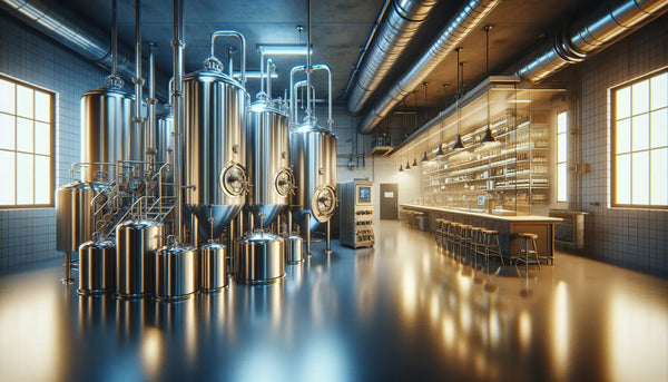 Voll ausgestattete Brauerei mit modernen Geräten und kleinem Forschungslabor im Hintergrund, Tradition trifft Innovation im Bierbrauen, Steelmonks Farbpalette.