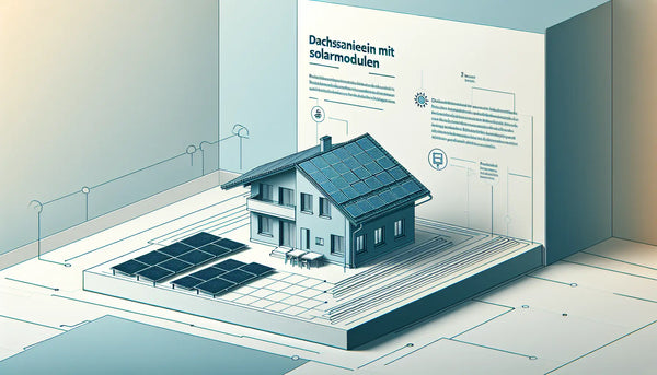 Dach mit Solarmodulen als reduzierte Vektorgrafik auf hellem Hintergrund mit Text zur modernen Dachsanierung